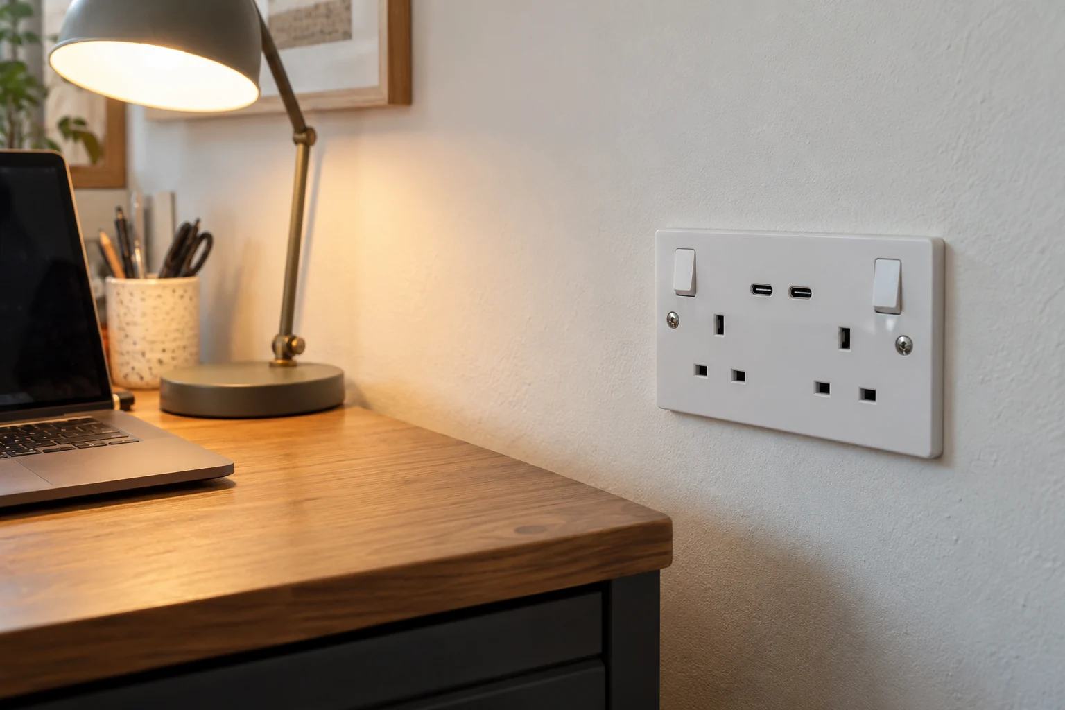Finished British double socket with USB charging ports beside a desk