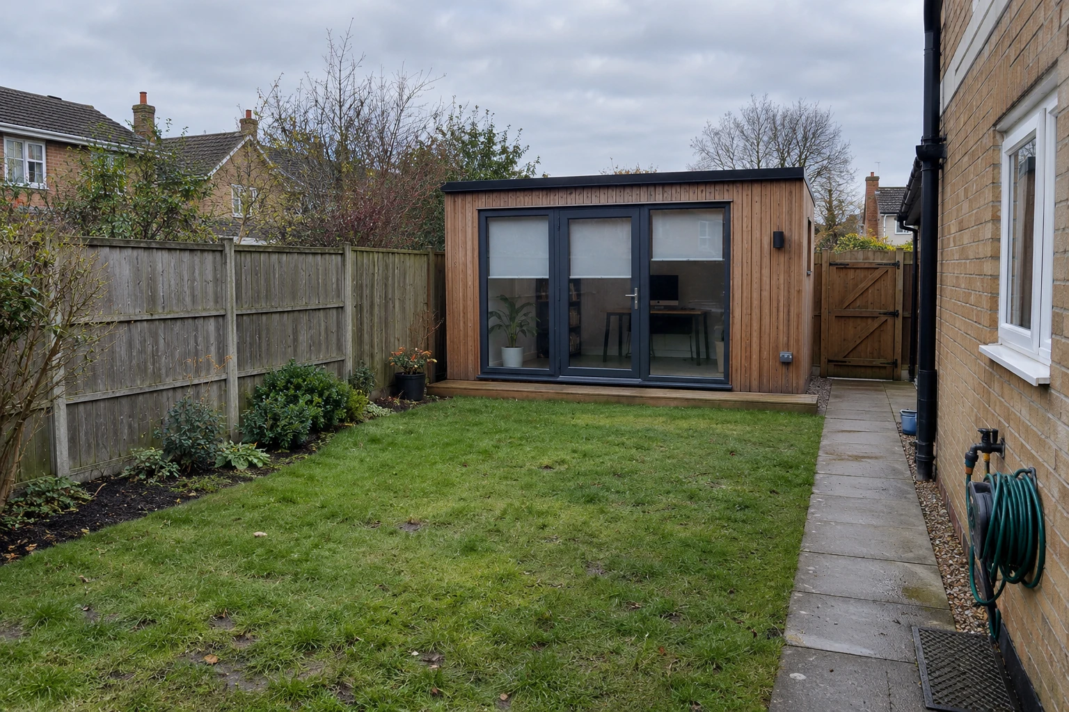 Ordinary garden office with exterior light and weatherproof socket
