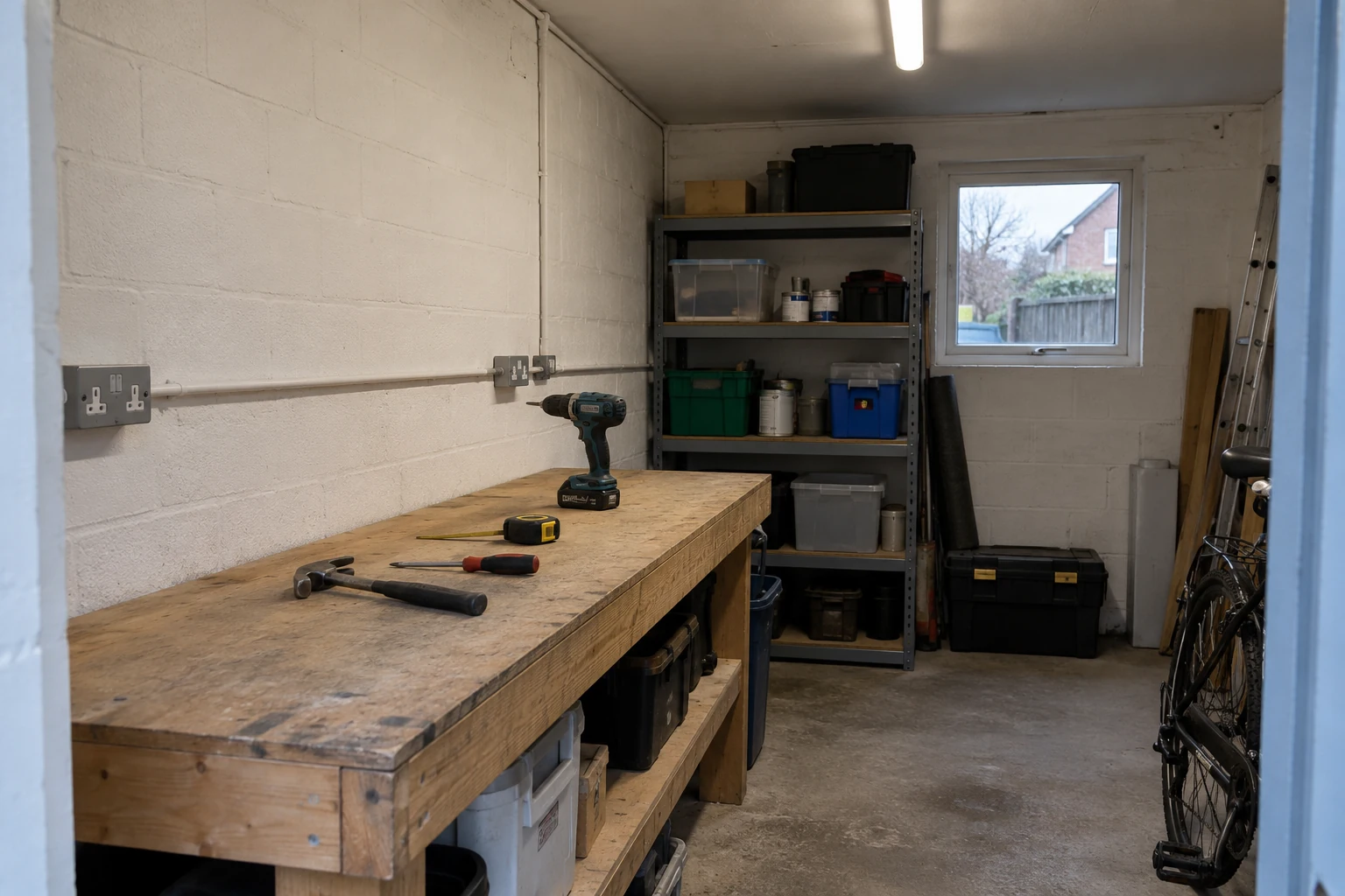 Domestic garage with bench, closed sockets and lighting