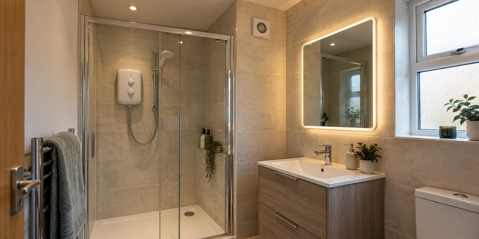 Bathroom with an electric shower, illuminated mirror, recessed lighting and extractor fan