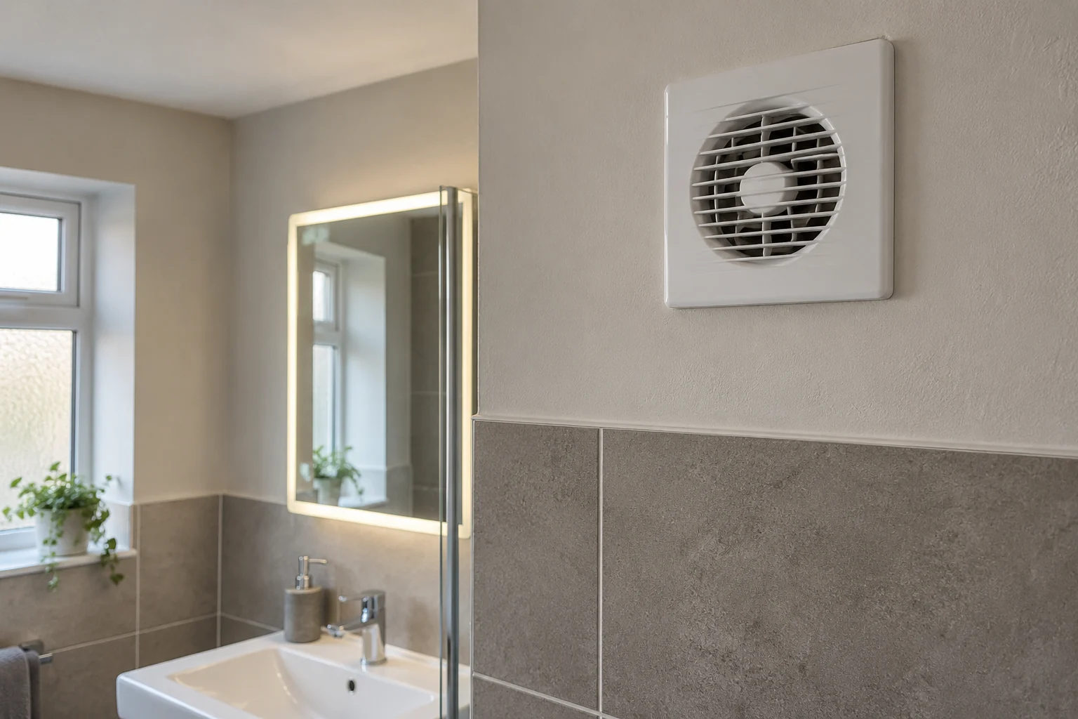 Enclosed extractor fan high on a bathroom wall above tiled surfaces