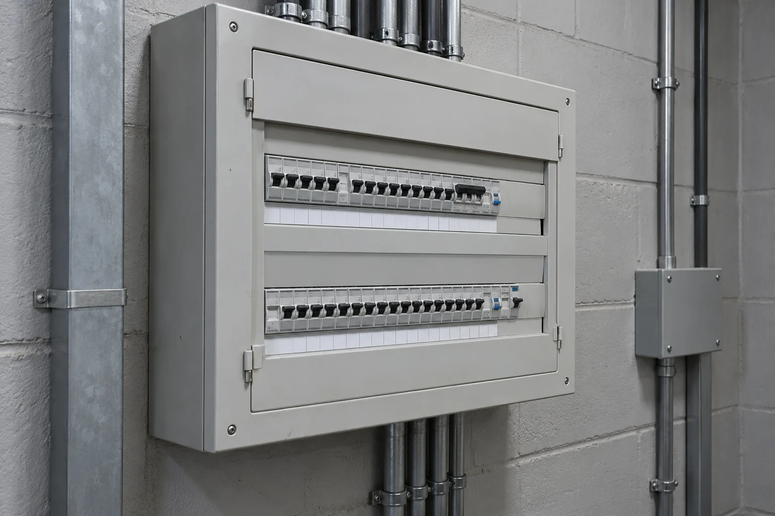 Enclosed metal electrical distribution board in commercial premises
