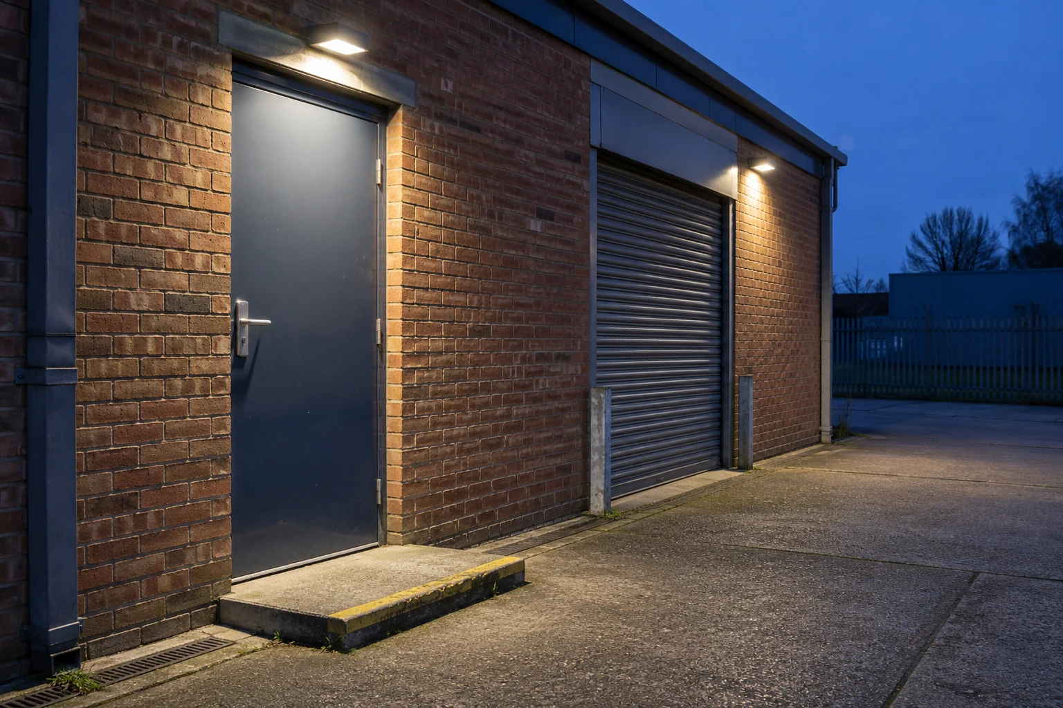 Exterior lights illuminating a commercial staff entrance and delivery access at dusk
