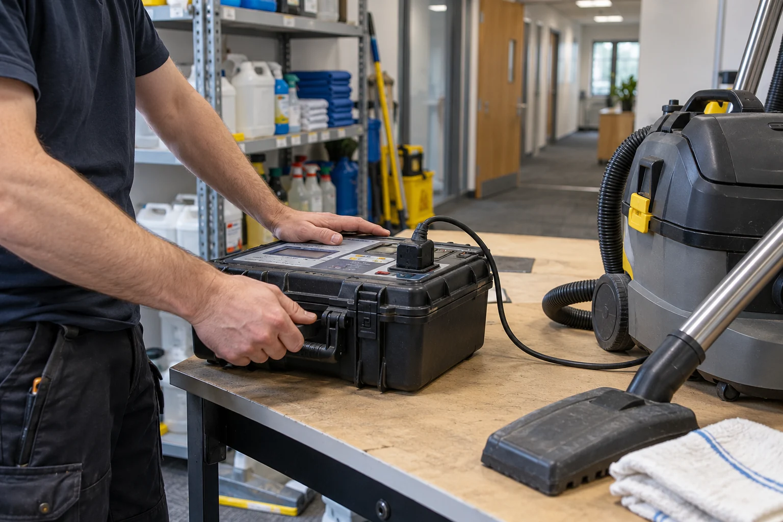 Portable appliance tester and corded cleaning equipment at a workplace checking bench
