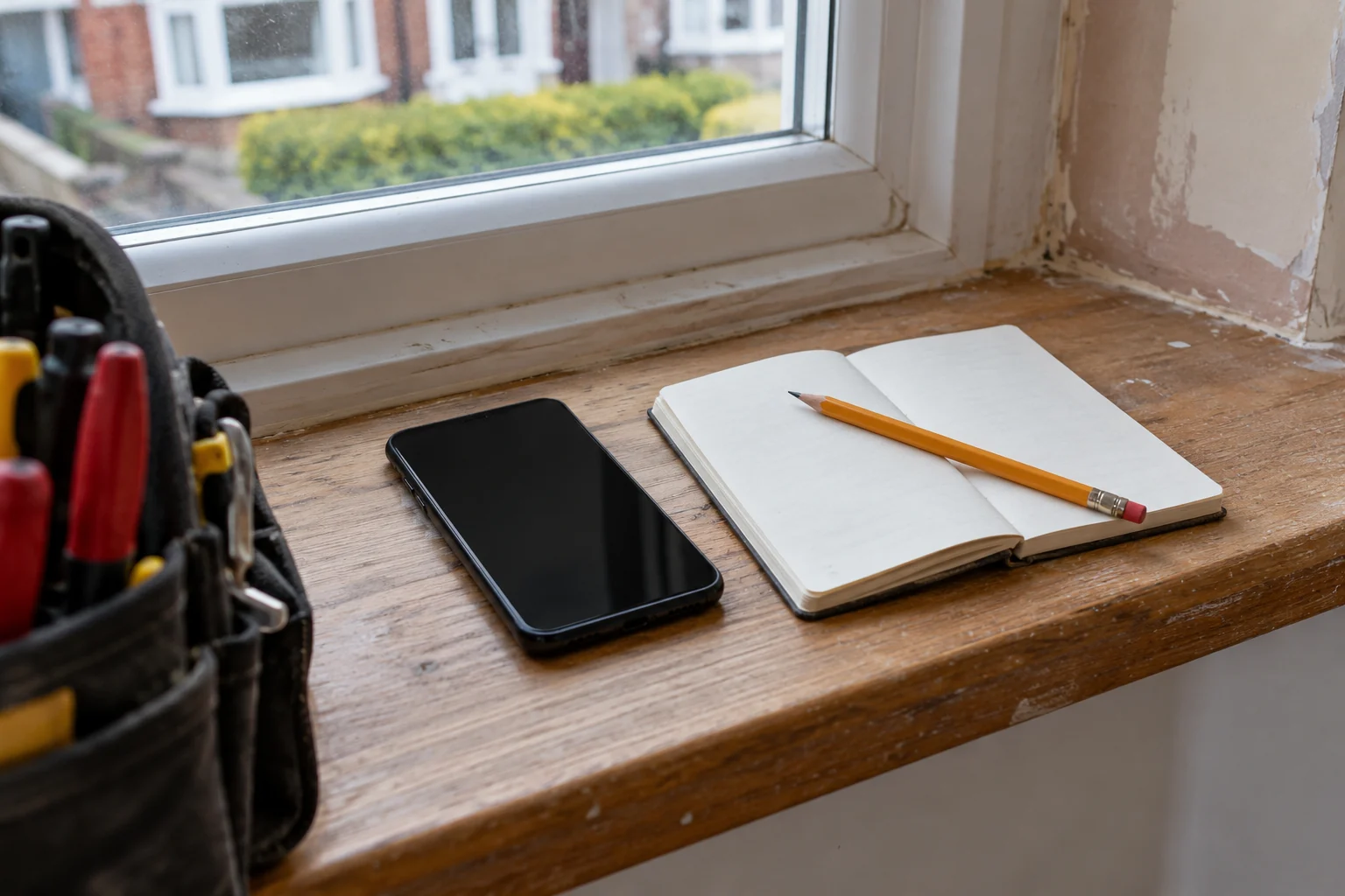 Enquiry scene with a phone, notebook and electrician’s tool bag