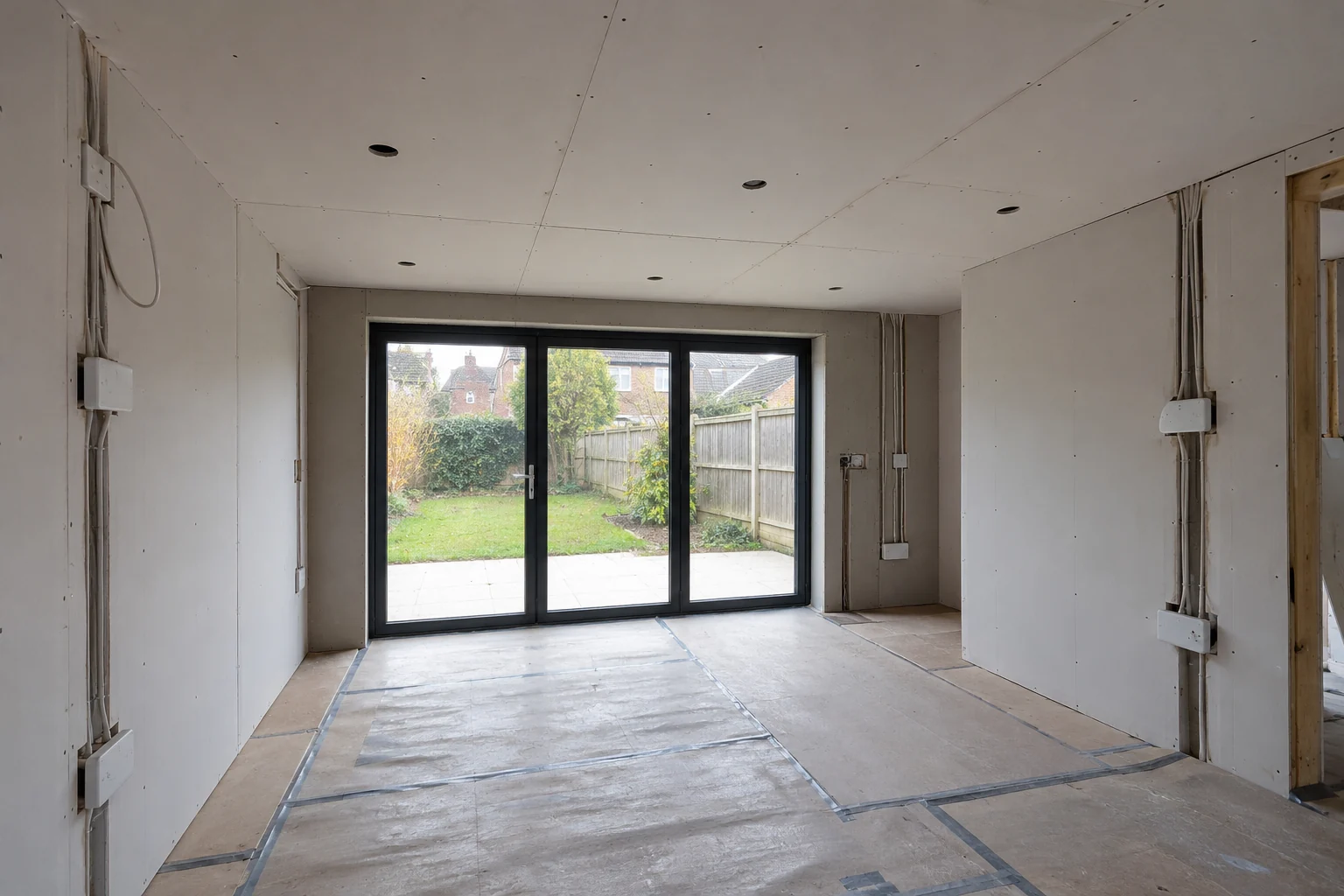 Rear house extension with first-fix electrical points before final finishing