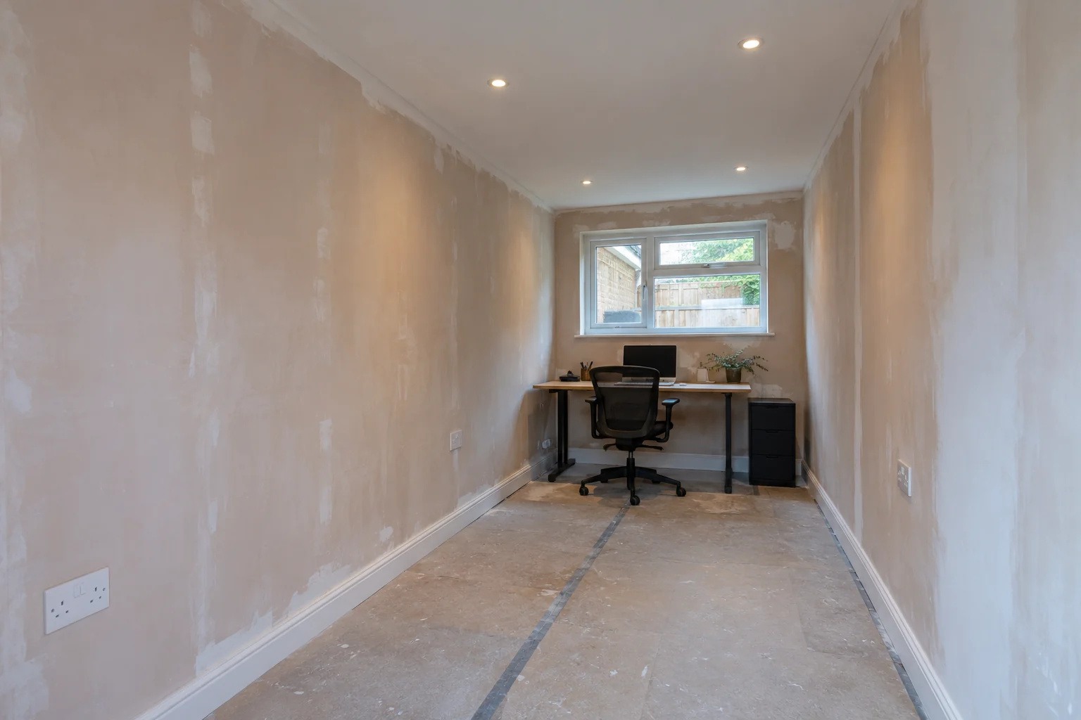 Former garage being converted into a study with sockets and ceiling lighting