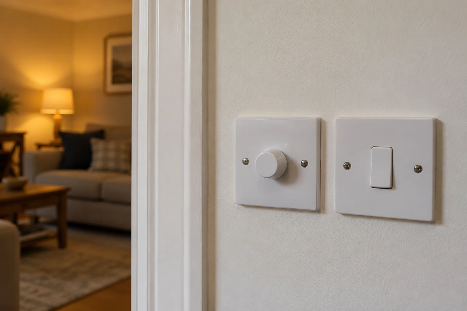 Closed rotary dimmer and rocker light switch beside a room entrance