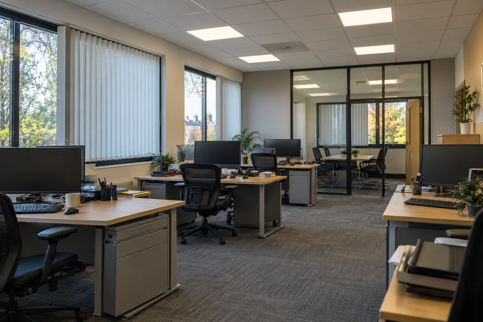 Office LED ceiling panels above workstations with screens and window blinds