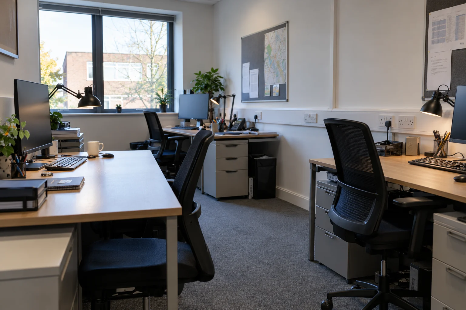 Office workstations with enclosed socket trunking, monitors and task lighting