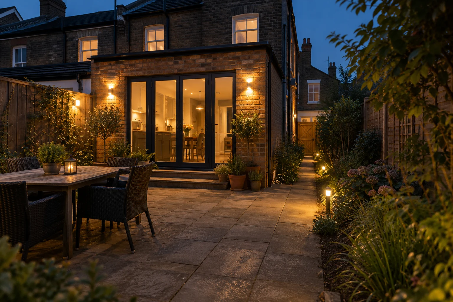 Garden path and patio illuminated by outdoor wall and path lights at dusk
