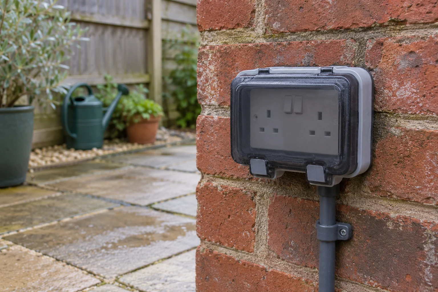 Closed weatherproof electrical socket on an external brick wall beside a patio