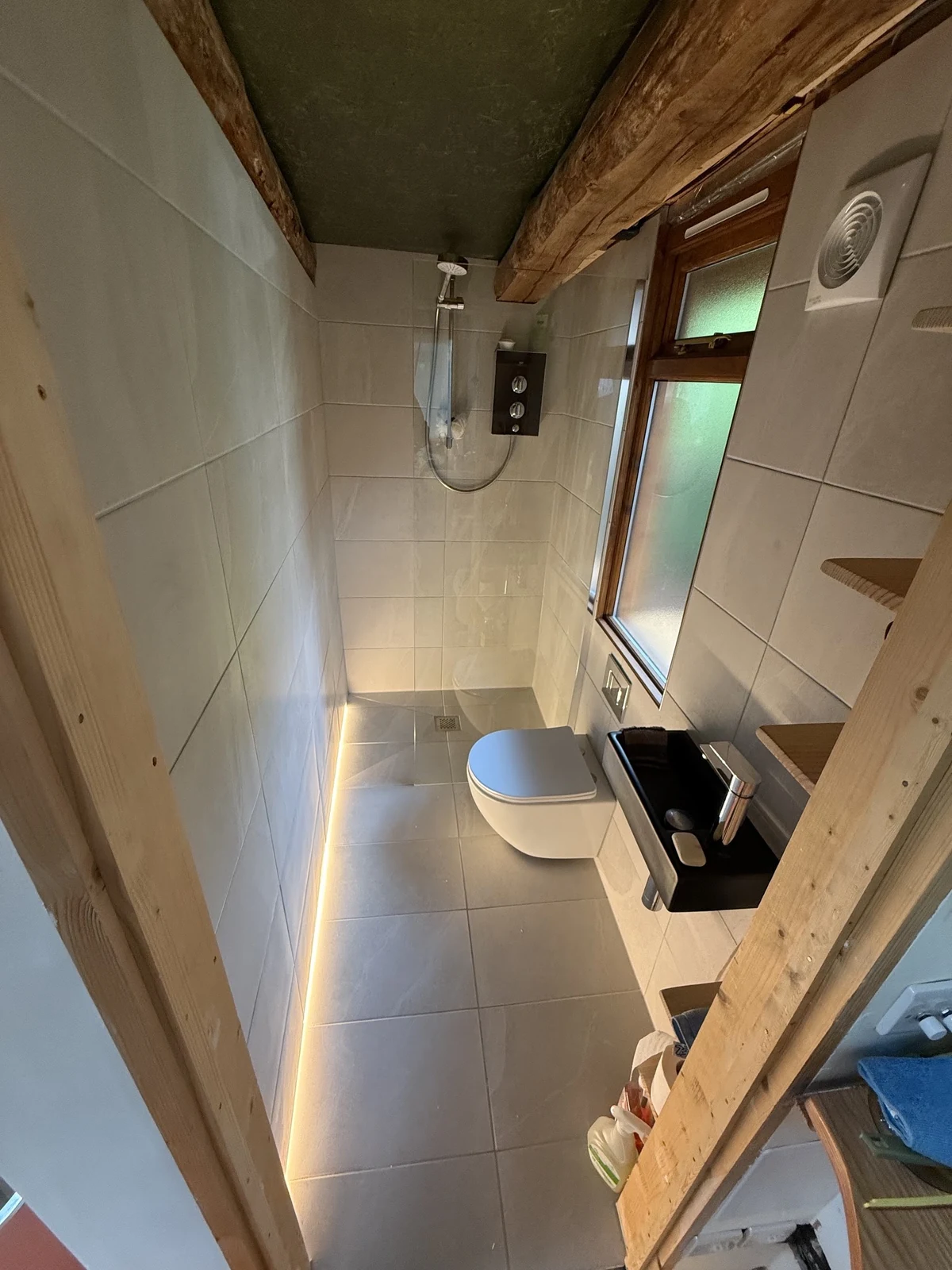 Shower area, extractor fan and low-level bathroom lighting