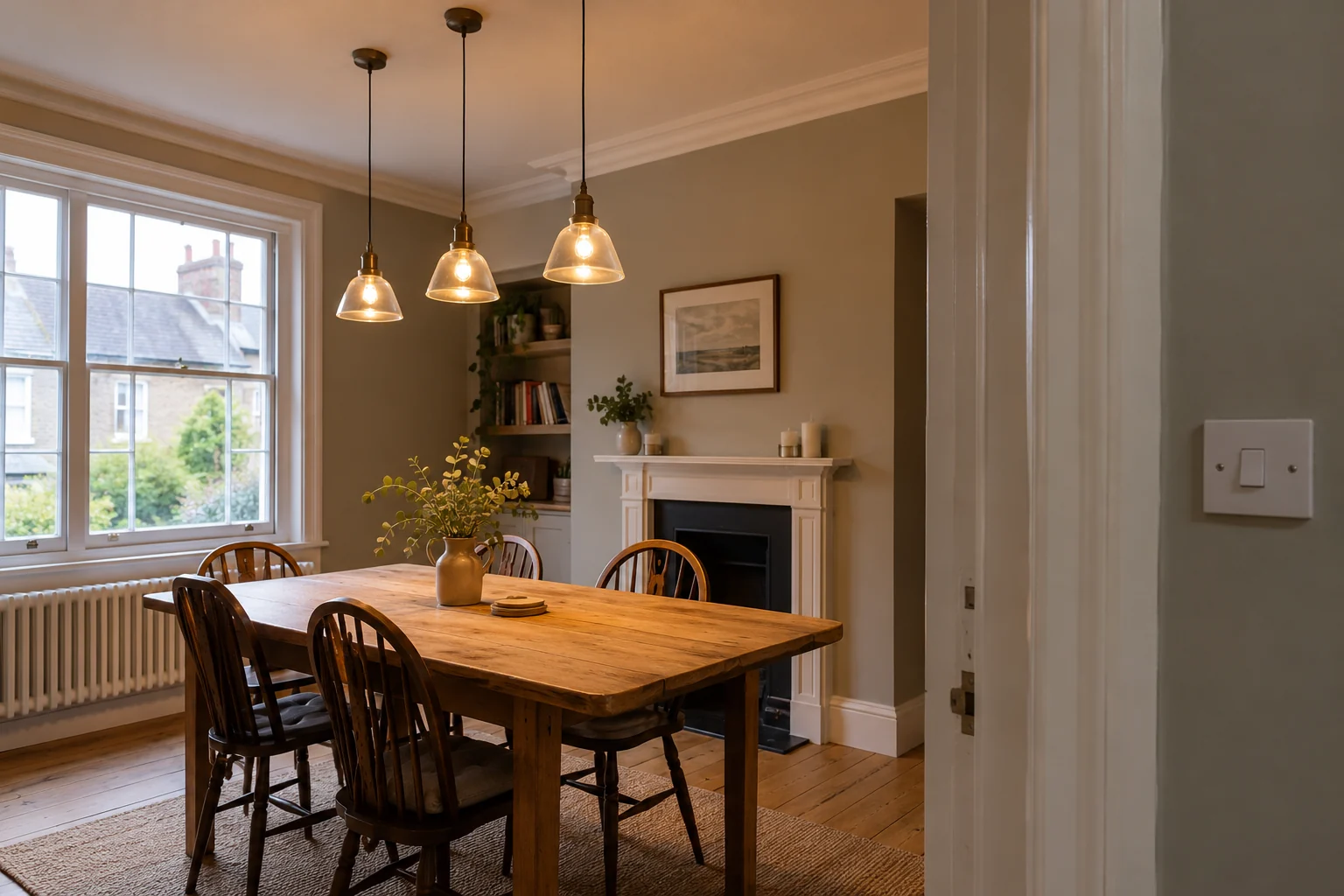 Pendant lights positioned over a dining table in a finished room