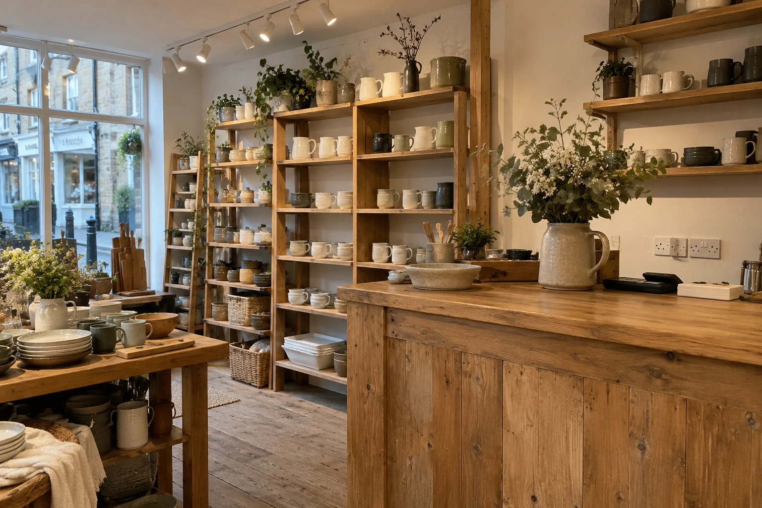 Shop display shelves and a service counter lit by ceiling track lights
