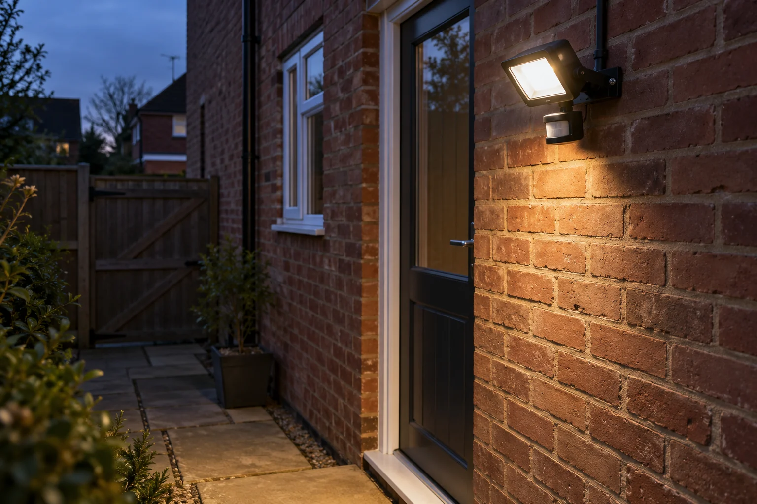 Outdoor LED floodlight with PIR sensor beside a brick house entrance