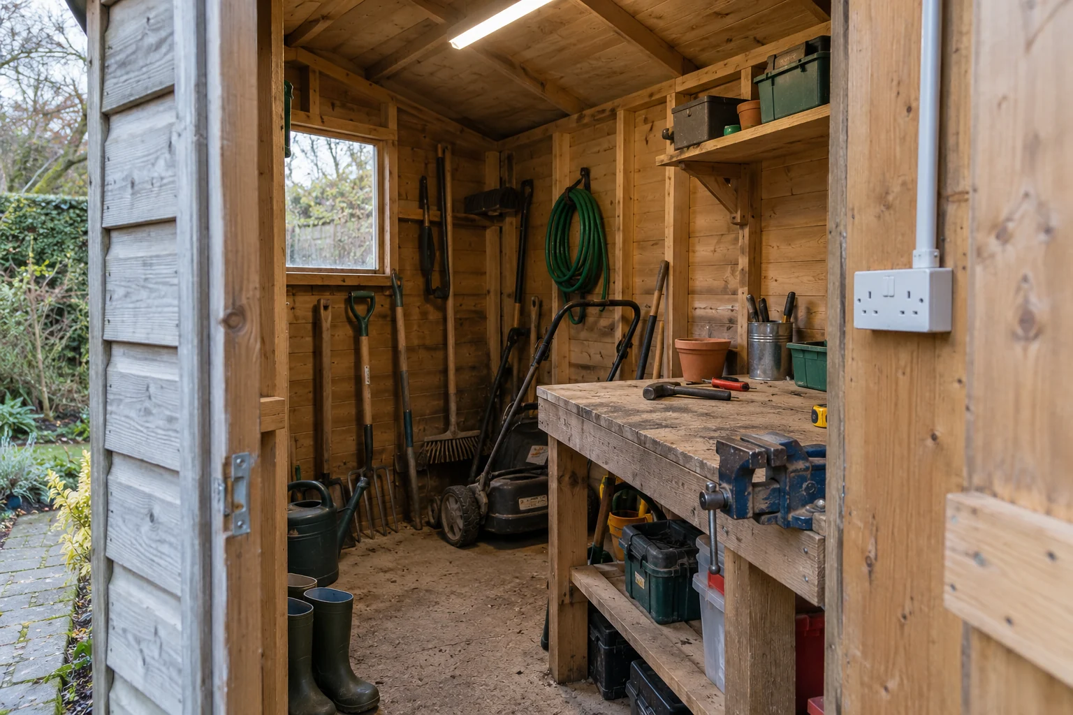 Timber garden shed with workbench sockets, enclosed surface wiring and ceiling lighting