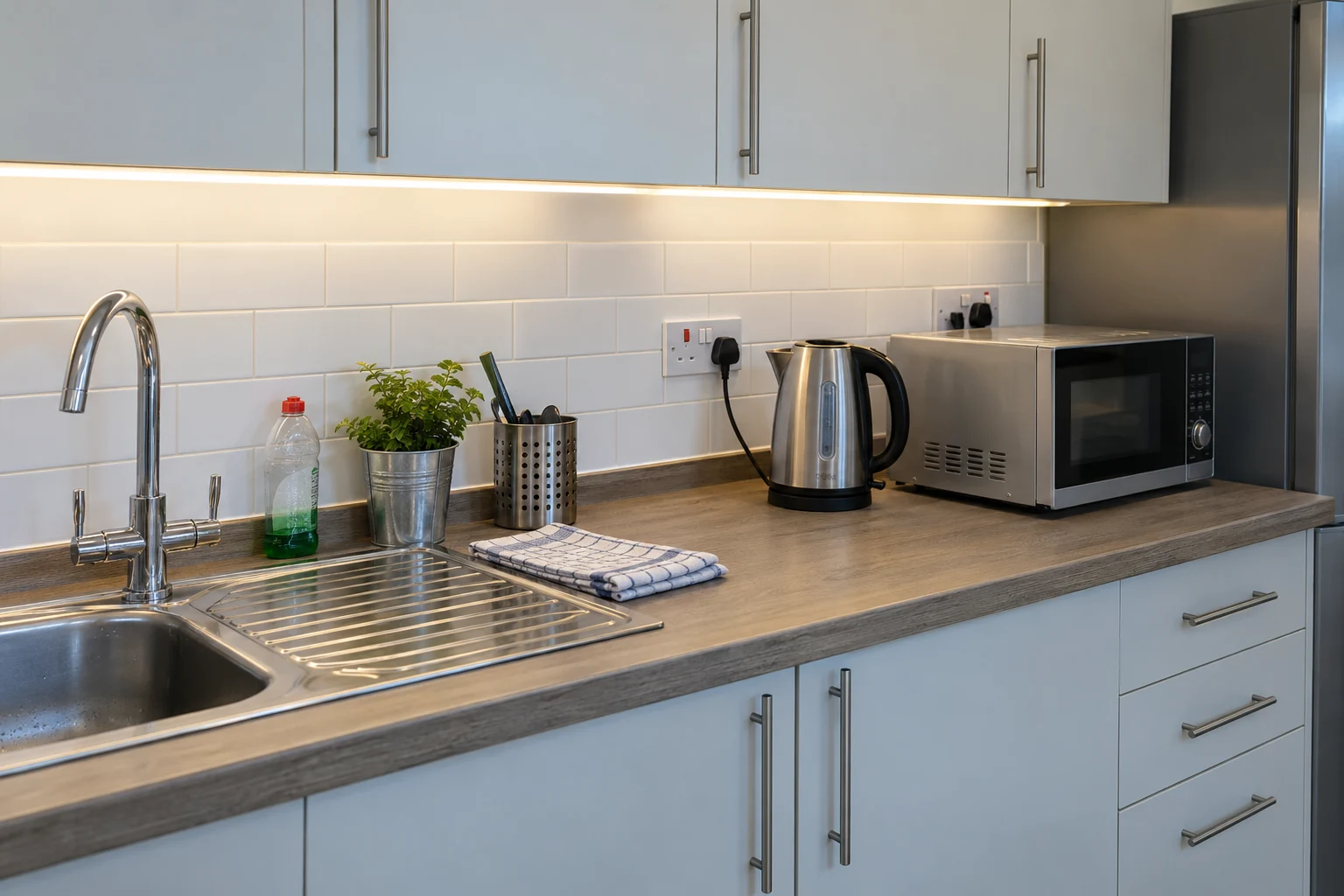Staff kitchen with British sockets, task lighting, a kettle and a microwave