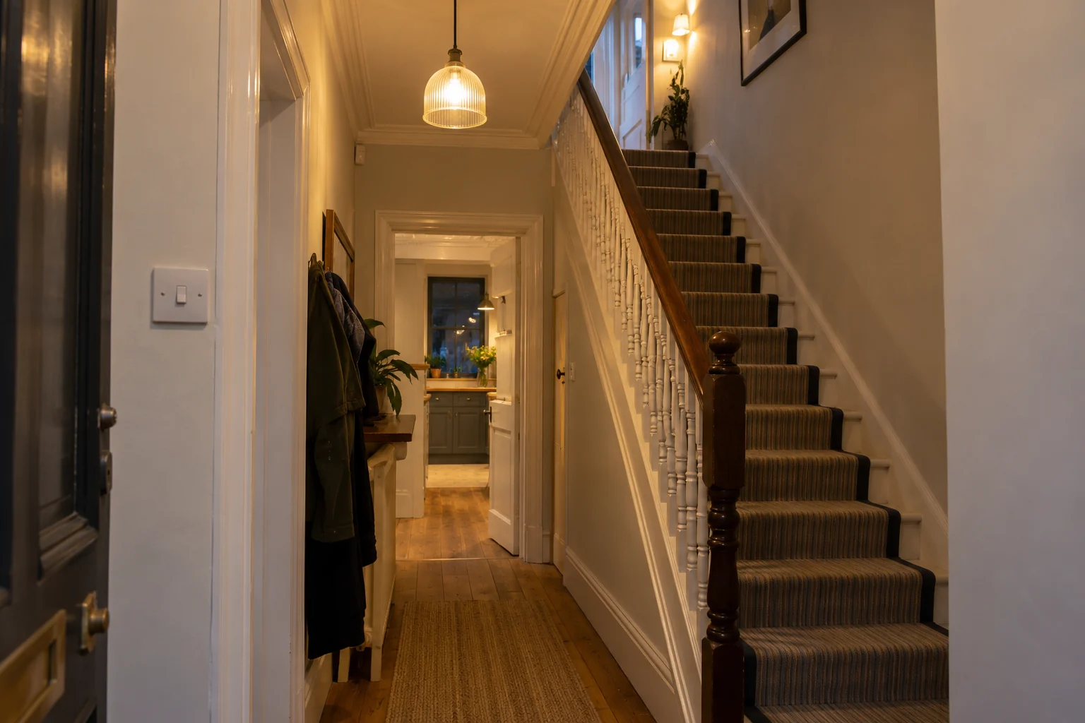 Hall, staircase and landing illuminated by pendant and wall lighting