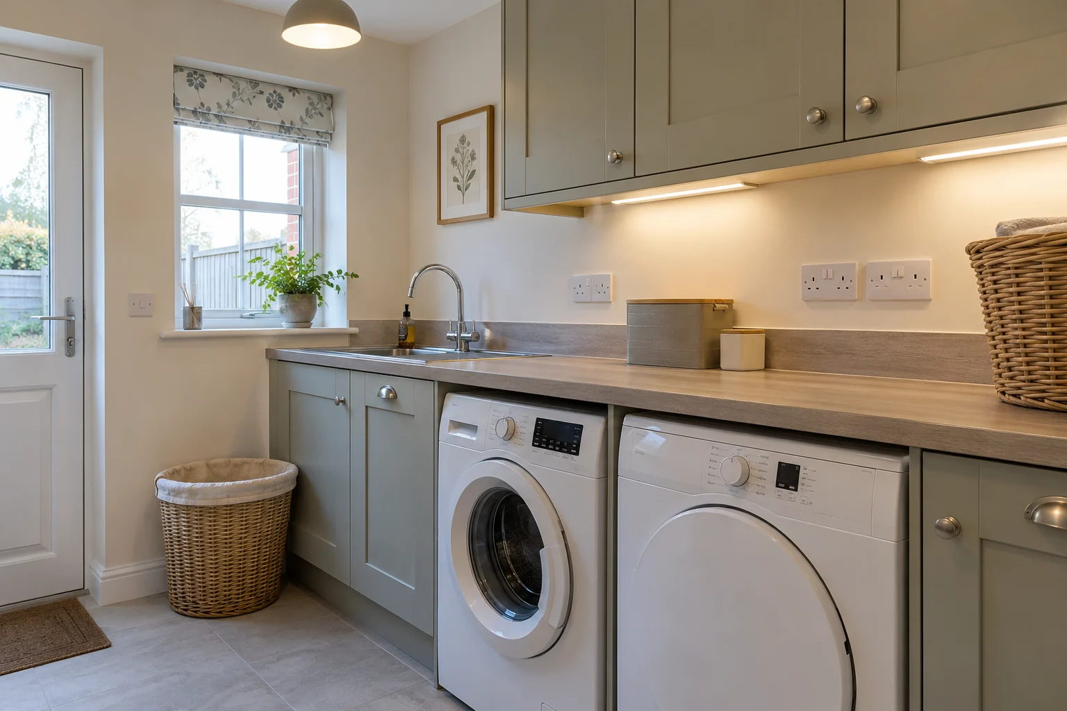 Utility room with washing machine, dryer, accessible sockets and worktop lighting